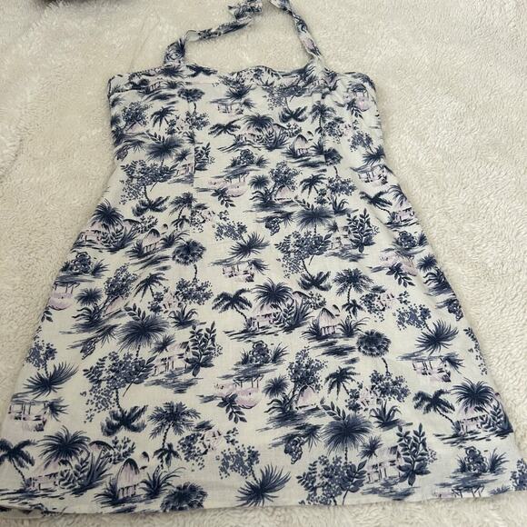 Abercrombie & Fitch Linen Blend Halter Mini Dress Size LP Blue White Tropical - Picture 2 of 7